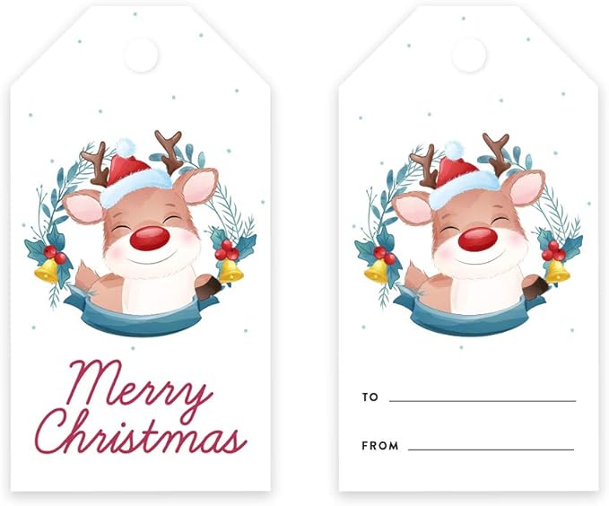 Andaz Press Christmas Holiday Season Classic Gift Tags, Merry Christmas to from Classic Favor Tags, Happy Reindeer with Santa Hat Design, for Holiday Events, Parties, and Favors, 60-Pack