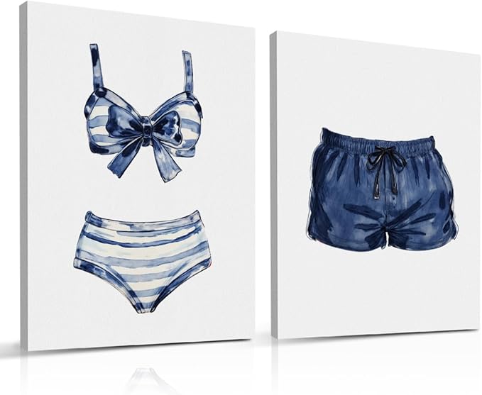 Blue White Painted Swimsuits Lake House Beach House Wall Decor Canvas Wall Art Framed Prints Artwork Posters Painting Picture for Home Bar Cart Laundry Room Girls Room Bedroom 14.5X11.5 Inch