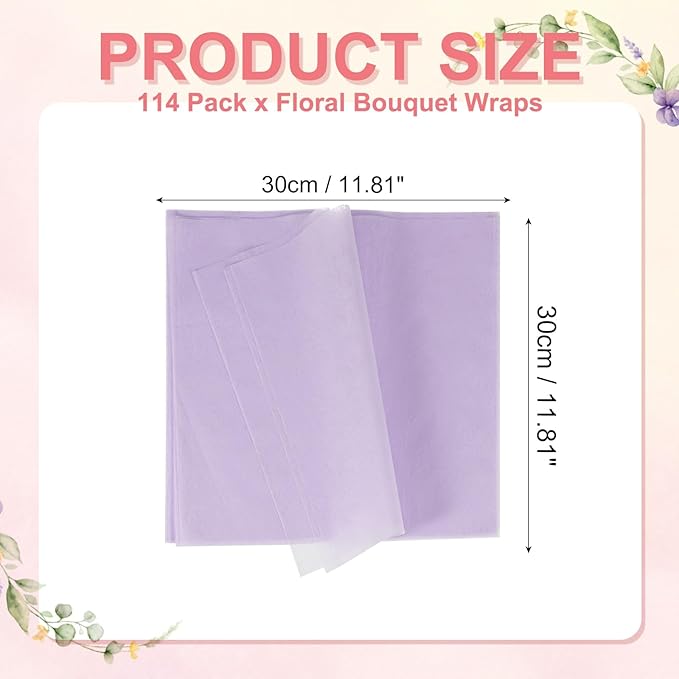 YELARXI Flower Wrapping Paper, Cotton Wrapping Flower Paper, Non-Woven Waterproof Floral Bouquet Wraps - Fitting for (Florist Supplies/Gift) 11.8 x 11.8 Inch & 114 Pack & Light Purple