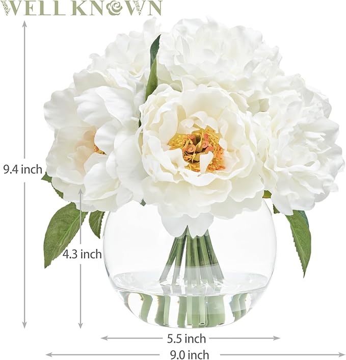 WELL KNOWN Artificial Flowers in Vase, Peonies Artificial Flowers for vase with Faux Water for Coffee Table Decor, Silk Fake Flower Arrangements Peonies Table Centerpieces (White)