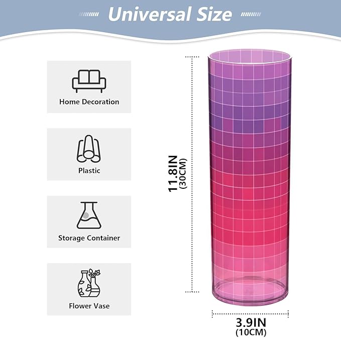 Flower Vase Clear Plastic Cylinder Vases Decor for Centerpieces Home Storage Office Weddings Grid Gradient Pink Purple 11.8 x 3.9 in