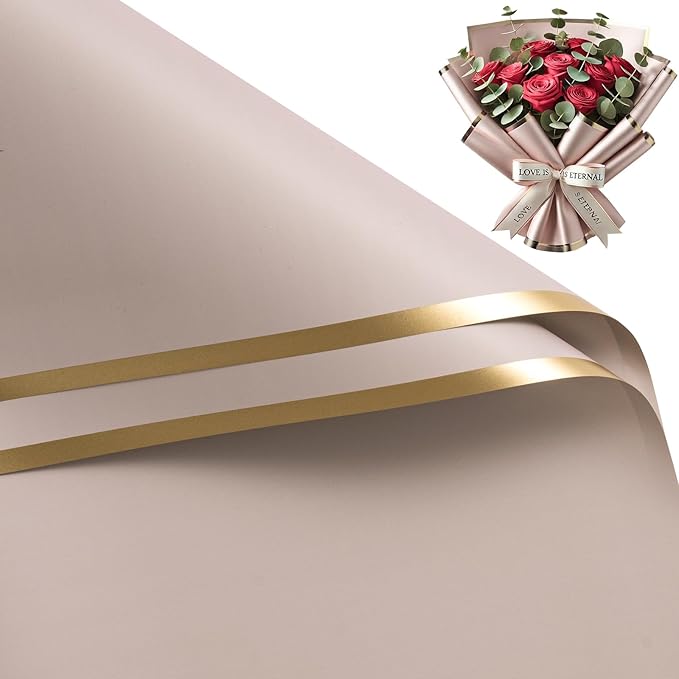 WRAPAHOLIC 20 Sheets Flower Wrapping Paper - 22.4 x 22.4 inch Nude Color with Gold Edge Water-Resistant Floral Bouquet Wrapping Paper, Florist Supplies Packaging Paper for Wedding Birthday Gift DIY