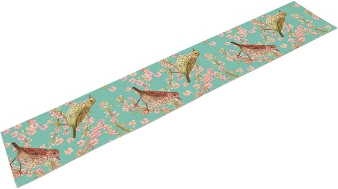 Table Runner with Flowers and Birds, Spring Plant Flowers Table Decoration Linen Table Runner Family Party Party Decorations 13x36 Inches