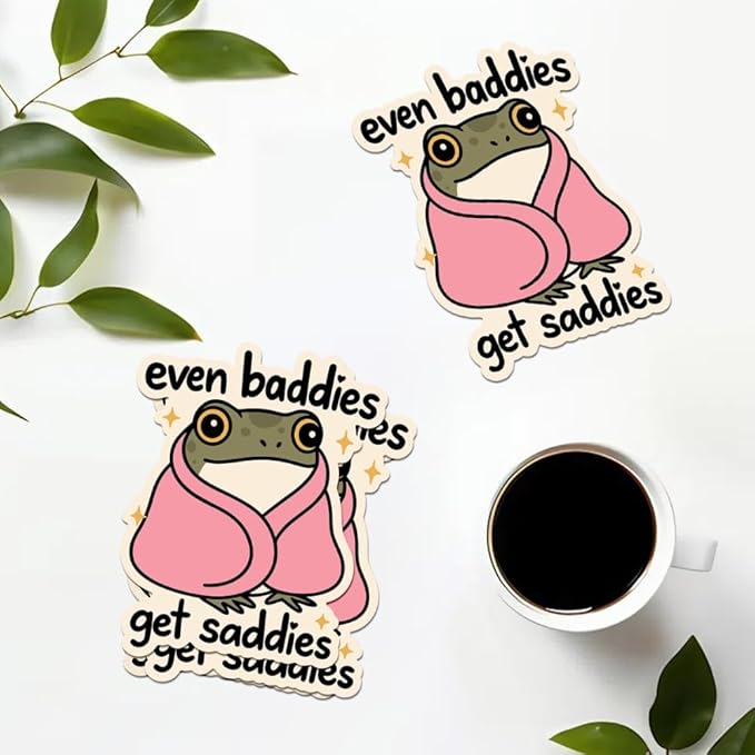 HANDICHI Design 5-Pack 4 Inch Even Baddies Get Saddies Frog Stickers – Funny Mental Health Vinyl Decal Set for Laptops, Water Bottles, Journals & Scrapbooks – Cute Baddie Sticker Pack
