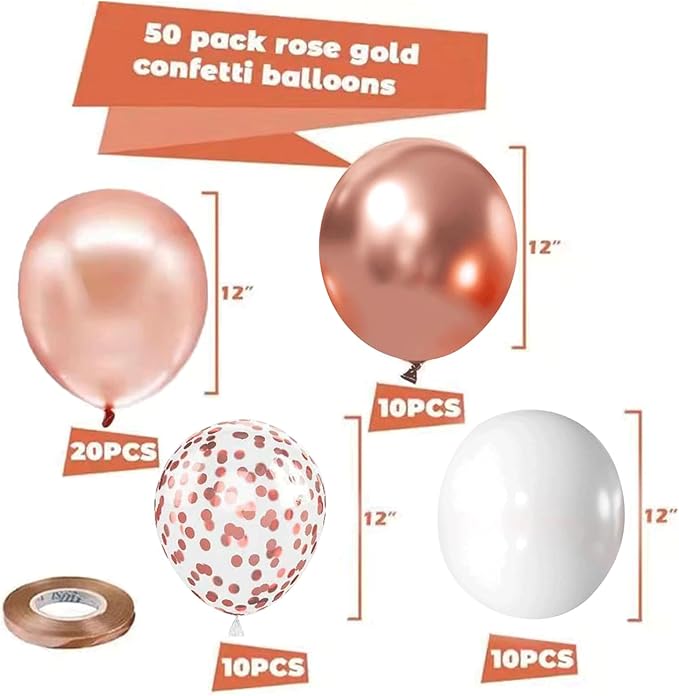 Rose Gold Confetti Balloons, 50pcs 12 Inch Metallic Rose Gold Balloons Rose Gold and White Latex Balloons with 33 Feet String for Bridal Shower Sweet 16 Birthday Party Wedding Anniversary Decorations