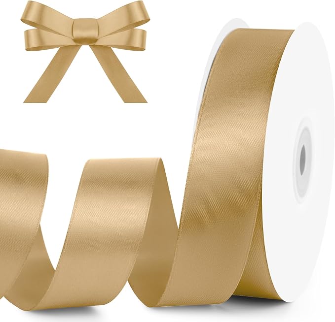 1 inch Wide x 50 Yards Champagne Gold Single Faced Polyester Satin Ribbon, Champagne Gold Satin Ribbon Perfect for Wedding Decor, Wreath, Crafts, Gift Wrapping & Other Projects (Champagne Gold)