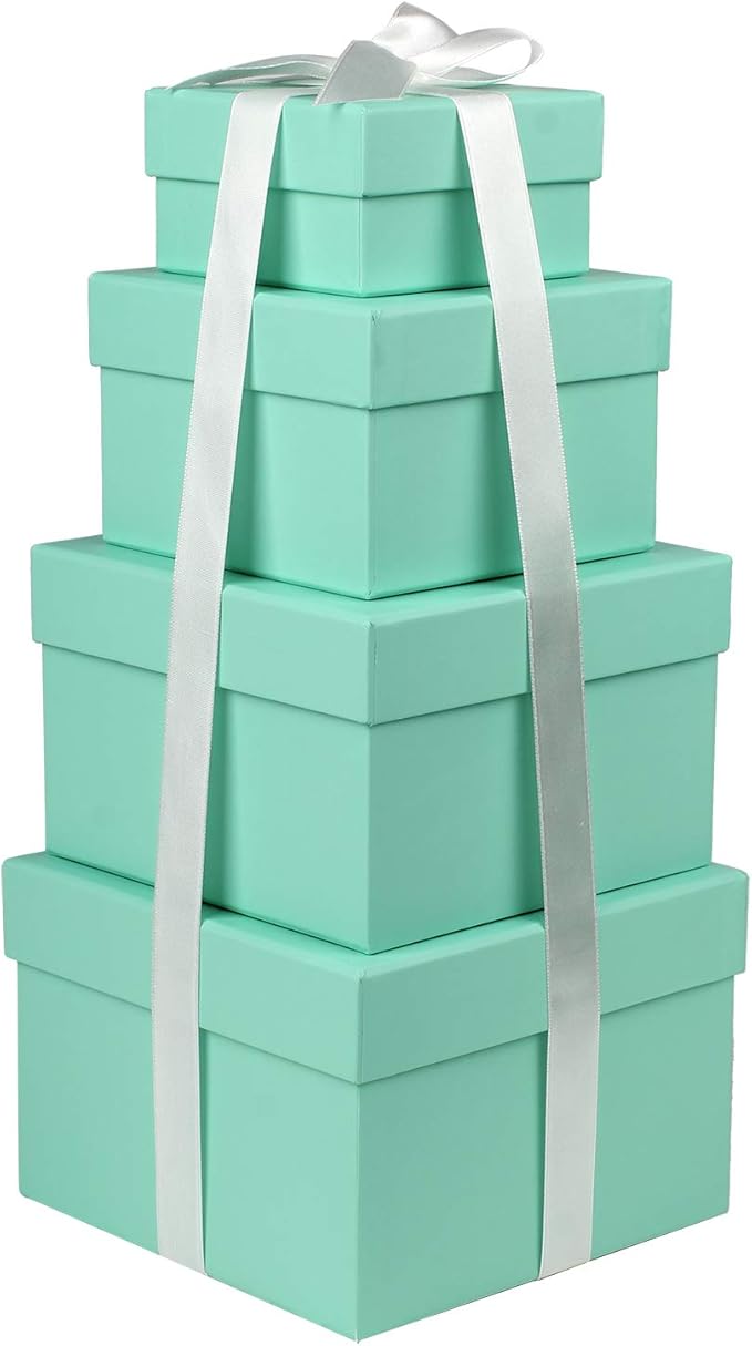 Briful Square Gift Boxes with Lids Set of 4 Teal Green Gift Box Assorted Sizes Nesting Gift Boxes for Presents Birthday Bridesmaid Wedding Valentines Christmas Party Favor Boxes