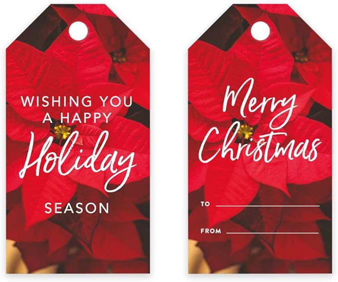 Andaz Press Christmas Holiday Season Classic Gift Tags, Merry Christmas to from and Wishing You A Happy Holiday Season, Poinsettia Design, for Holiday Events, Parties, and Favors, 60-Pack