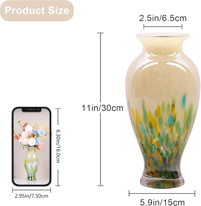 Hand Blown Glass Vase 11.8" Tall Beautiful Green Sea Wide Mouth Bud Vase for Table Centerpiece, Painted Colorful Murano Glass Flower Vases for - Home Entrance Wedding Center