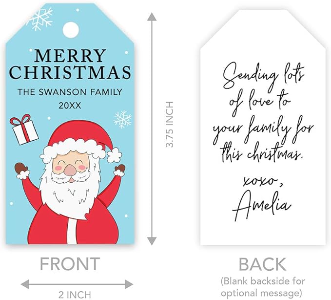 Andaz Press Personalized Christmas Holiday Season Classic Gift Tags, Merry Christmas Happy Santa Claus Design, Custom Family Name and Year, for Holiday Events, Parties, and Favors, 60-Pack