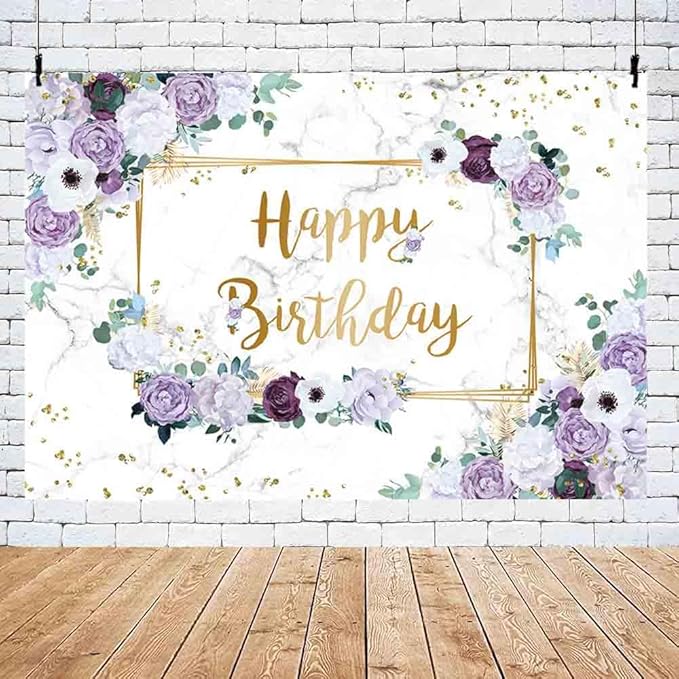 MEHOFOND 8x6ft Happy Birthday Backdrop Purple and White Flowers Bday Photography Background Girls Geometric Gold Glitter Dots Birthday Floral Party Decorations Cake Smash Decor Studio Photo Props