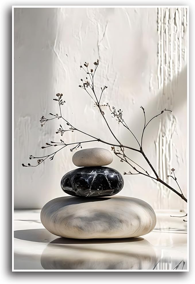 Gray and black stone pile and dried flowers poster canvas wall art in harmony Minimalist wall art for tranquil homes and mindful spaces 12x18in Frameless
