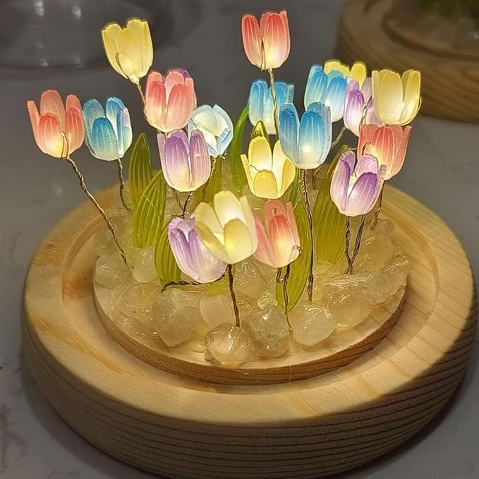 (20 Flower) Assembled Tulip Lamp Night Light with Glass Dome, Handmade Artificial Flower Table Lamp Bedroom Desk Decoration for Women Girlfriend Sister Besties Birthday Christmas Gift (Multicolor)