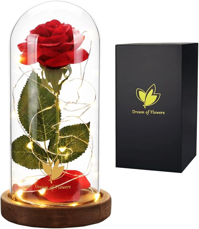 Women Gifts for Christmas Beauty and The Beast Rose,Red Rose in Glass Dome with Lights,Flowers for Delivery Prime,Romantic Flower Gifts for Women Mom Wife Girlfriend on Birthday, Anniversary, Wedding
