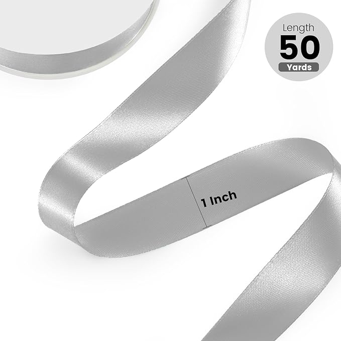 1" x 50 Yards Satin Ribbon - Silver Silk Ribbon with Spool - Ideal for Gift Wrapping, Floral Bouquets, Crafts, Wedding Party Decorations, Christmas and Sewing Projects