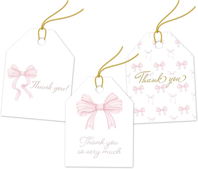 Pro Supply Global 24 Count of 2.5 Inch x 3 Inch Pre Strung Pink Bows Gift Tag Assorted Printed Designs on Large Cardstock Gift Hang Tags - Ideal to Use on Bags