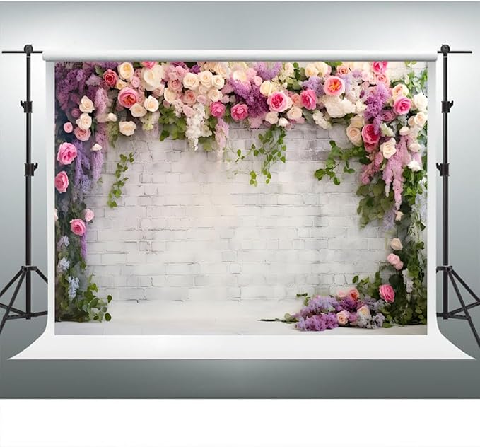 YongFoto Retro White Brick Wall Floral Arch Backdrop 12x8ft Rose Flowers Vine Leaves Photography Background Birthday Bridal Shower Wedding Party Banner Room Decor Portraits Photoshoot Wallpaper