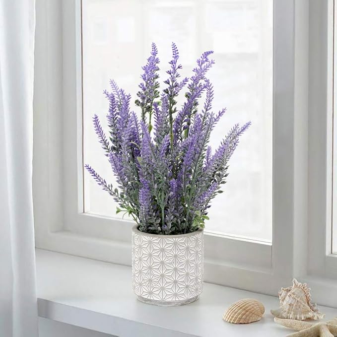DILATATA Lavender Flowers Artificial Decor in Cement Pot - Faux Plants for Rustic Home, Bathroom, Table Centerpieces, Wedding Decor - Purple Potted Lavender Flower