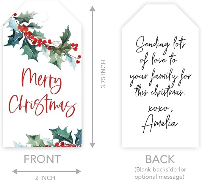 Andaz Press Christmas Holiday Season Classic Gift Tags, Merry Christmas to from Classic Favor Tags, Watercolor Holly Branch Leaves Design, for Holiday Events, Parties, and Favors, 60-Pack
