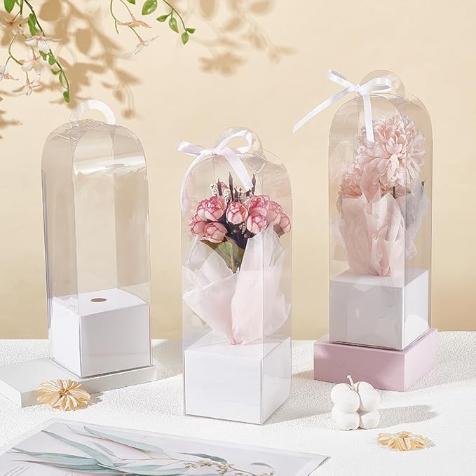 BENECREAT 12Pcs Single Rose Flower Box Empty Bag, Clear Flower Packing Boxes Flower Gift Boxes for Graduation Wedding Birthday Floral Gift Floral Arrangement Supply, White