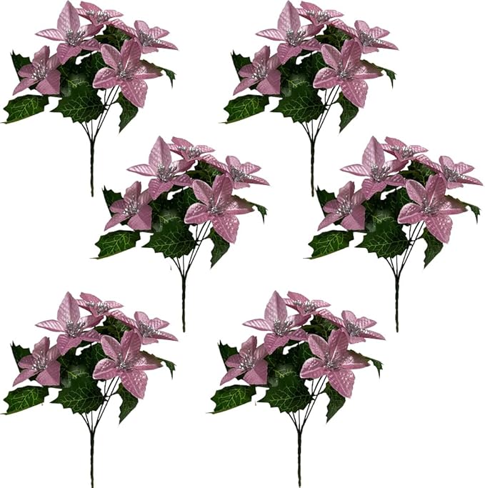 6 Pack Pink Christmas Artificial Poinsettia Flowers Faux Poinsettia Bush Bouquets Silk Poinsettia Christmas Tree Ornaments Poinsettia Flower Arrangement for Home Decor