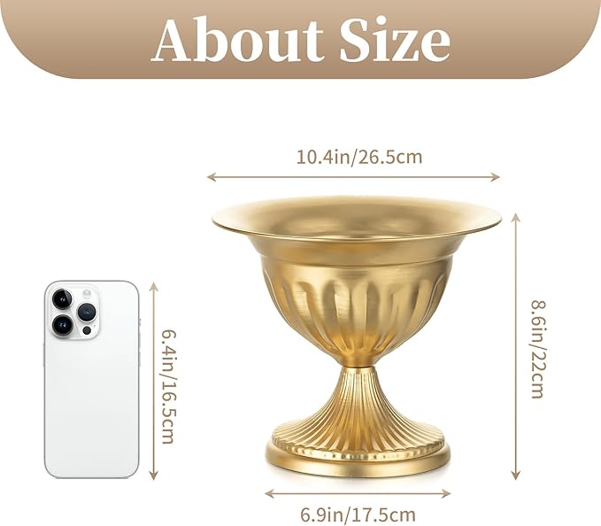 Sziqiqi Gold Vases for Wedding Centerpieces: 8.6in Big Metal Urn Vases Set of 10 Flower Arrangements for Flower Compote Vase for Wedding Decorations Table Pedestal Bowl Vase for Party