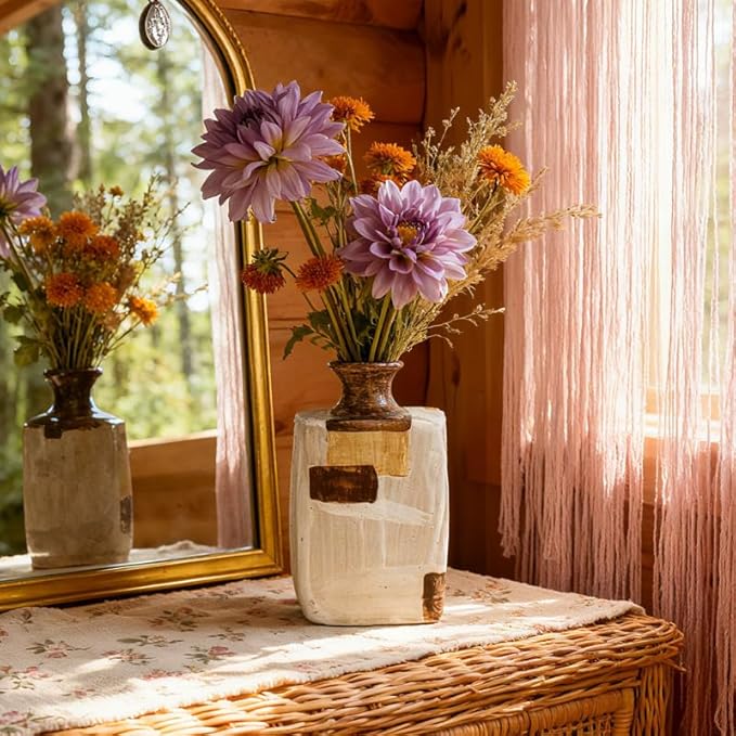 Ceramic Flower Vase Home Decor-6" Tall Vase for Centerpieces,Large Decorative Terracotta Vases, Farmhouse Rustic Pottery Vase for Home Decor Living Room, Table,Shelf or Mantel(Square)