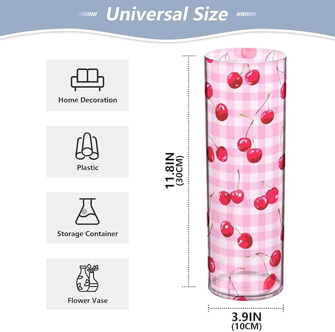 Flower Vase Clear Plastic Cylinder Vases Decor for Centerpieces Home Storage Office Weddings Pink Juicy Checkered Cherry 11.8 x 3.9 in
