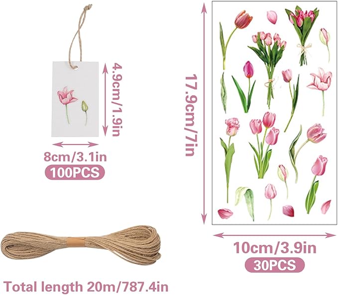 100 Pcs Blank Gift Tags with Floral Stickers and Jute Rope, 2 x 3 in Elegant Watercolor Floral Theme 5 Flower Designs DIY Gift Tags for Wedding Christmas Party Favor Bridal Shower Birthday