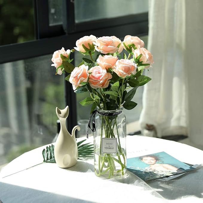 Pink Fake Roses Artificial Flowers - 10 Pcs Fake Artificial Roses Silk Flowers with Stems for Home Wedding Hotel Office Centerpiece Decor（Champagne Pink）