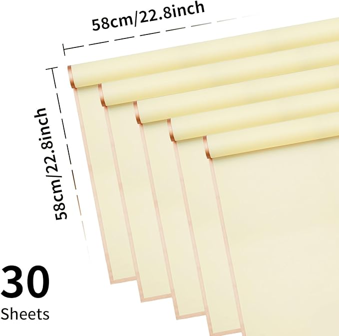 30 Sheets Pale Yellow Gold Edge Flower Bouquet Wrapping Paper，Florist Supplies Waterproof Floral Bouquet Wrapping Paper Bouquet Accessorie，Flower Shop Packaging Pape for DIY Gift Wedding Birthday