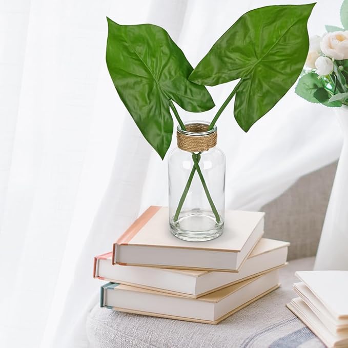 Fake Plants Faux Greenery Stems in Glass Vase with Faux Water, Realistic Silk Faux Plants Artificial Tropical Leaves for Home Bathroom Office Wedding Centerpiece Décor