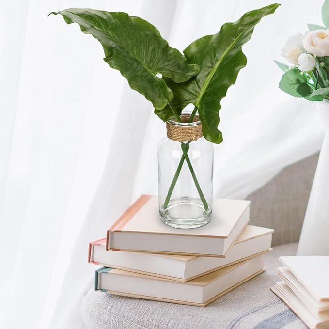 Faux Greenery Stems in Glass Vase with Faux Water, Silk Alocasia Realistic Fake Plants Artificial Tropical Leaves for Home Office Farmhouse Wedding Centerpiece Décor