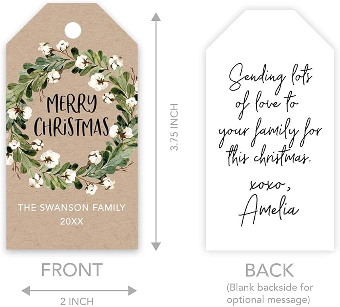 Andaz Press Personalized Christmas Holiday Season Classic Gift Tags, Merry Christmas Custom Family Name and Year, Kraft Brown Floral Christmas Wreath Design, Holiday Events, Parties, Favors, 60-Pack