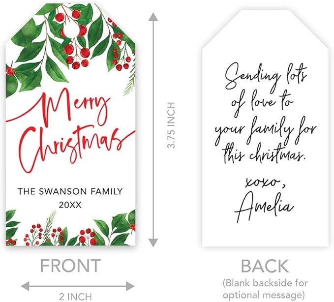 Andaz Press Personalized Christmas Holiday Season Classic Gift Tags, Merry Christmas Custom Family Name and Year, Holly Greenery Leaves Design, for Holiday Events, Parties, and Favors, 60-Pack