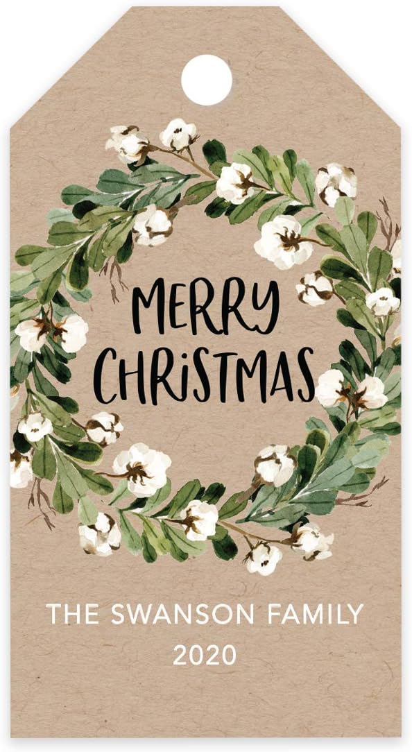 Andaz Press Personalized Christmas Holiday Season Classic Gift Tags, Merry Christmas Custom Family Name and Year, Kraft Brown Floral Christmas Wreath Design, Holiday Events, Parties, Favors, 60-Pack