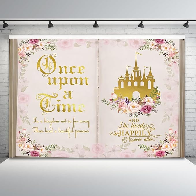 12x8ft Once Upon a Time Backdrop Fairy Tale Books Pink Floral Princess Castle Photography Background Romantic Wedding Birthday Party Banner Decorations Cake Table Decor