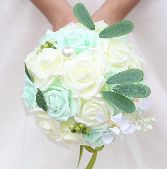 Lightweight Bridal Wedding Bouquet Round Holding Bouquet Throw Toss Artificial Rose Flower Bunch for Bride Bridesmaid Wedding Quinceanera (Cream & Light Cyan, 6.7")
