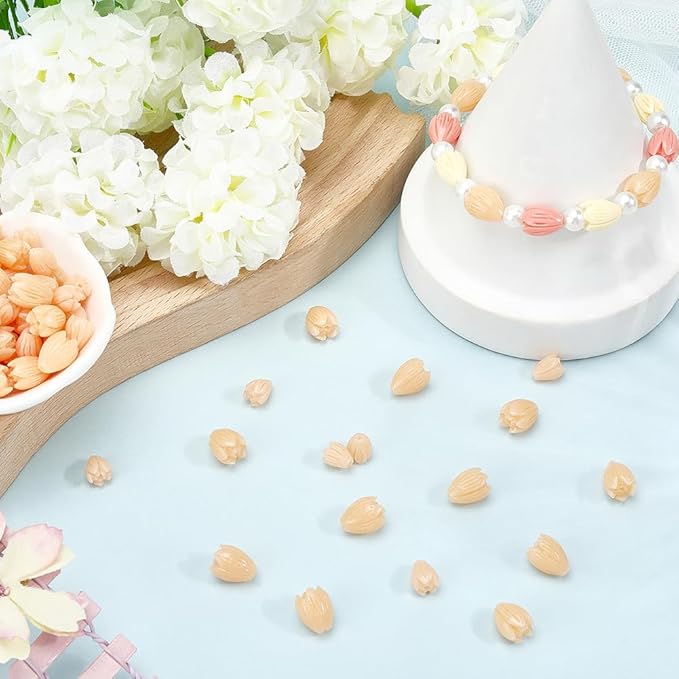 1 Box 100Pcs 2 Styles Carved Flower Beads Coral Beads 3D Jasmine Artificial Floral PeachPuff Small Synthetic Coral Dyed Smooth Spacers Findings for Jewelry Making Bracelet Necklace DIY Crafts