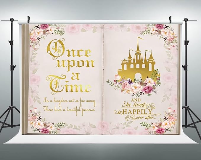 5x4ft Once Upon a Time Backdrop Fairy Tale Books Pink Floral Princess Castle Photography Background Romantic Wedding Birthday Party Banner Decorations Cake Table Decor