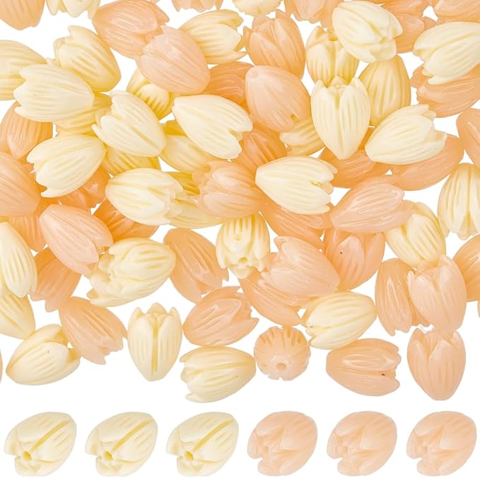 1 Box 100pcs Flower Shape Beads Light Pink Flower Beads Artificial Synthetic Coral Peach Color and Creamy White Spring Flowers Loose Spacer Jasmine Bead for Jewelry Making Necklace Bracelet