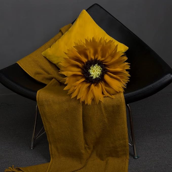 Mustard Yellow Flower Round Throw Pillow Handmade Cute Elegant 3D Sunflower Pillow Boho Farmhouse Decorative Accent Cushion with Insert for Bed Couch Car Living Room Bedroom Home Decor 12Inch