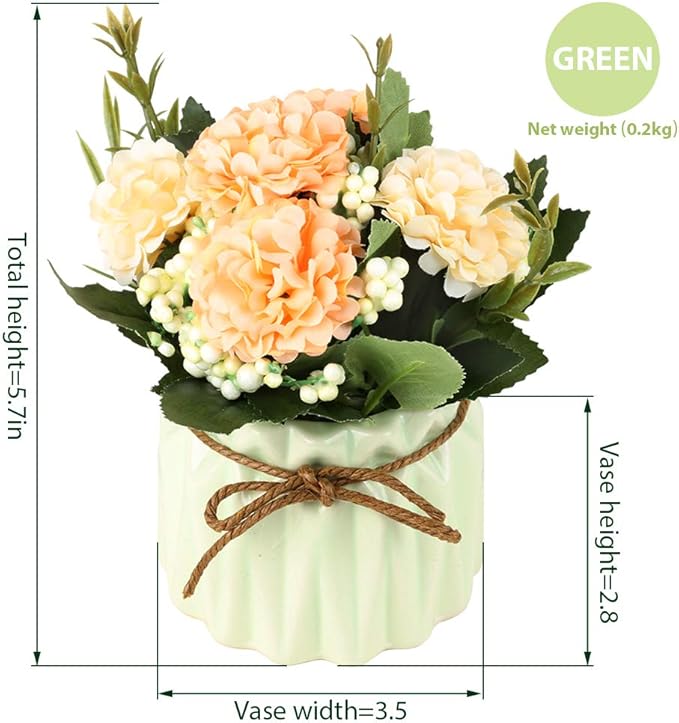 Artificial Hydrangea Bouquet with Small Ceramic Vase Fake Silk Variety Flower Balls Flowers Decoration for Table Home Party Office Wedding (Green)