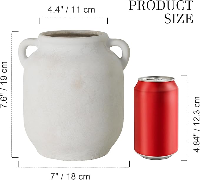 Ceramic Flower Vase Home Decor - 7.6 Inch Farmhouse Rustic White Table Vases with Handle Living Room Decoration Decorative Vintage Pottery for Kitchen Shelf Coffee Dining Desk Bookshelf Fireplace