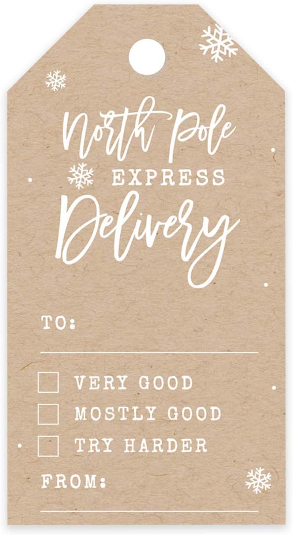 Andaz Press Kraft Brown Christmas Holiday Season Classic Gift Tags, North Pole Express Delivery to from Classic Favor Tags, Snowflake Design, for Holiday Events, Parties, and Favors, 60-Pack