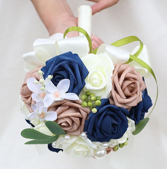 Lightweight Bridal Wedding Bouquet Round Holding Bouquet Throw Toss Artificial Rose Flower Bunch for Bride Bridesmaid Wedding Quinceanera (Cream, Navy & Rosy Brown, 6.7")