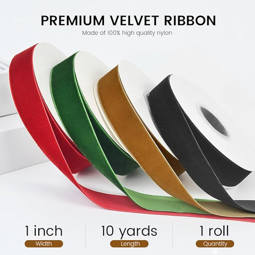 1" Wide x 10 Yards Velvet Ribbon, Vintage Single Face Velvet Ribbons for Gift Wrapping, Christmas Wrapping Bows, Wedding Decor, Sewing and More (Khaki)