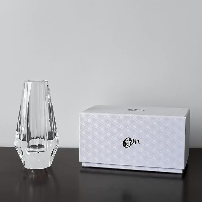 kitCom Modern Crystal Vase, 7 x 4 Inches, Transparent, Oval, Love, Glossy Finish, Arranges Flowers, Handmade, Multi-faceted, Secure Packaging, Half-Year Warranty, Luxury Gift
