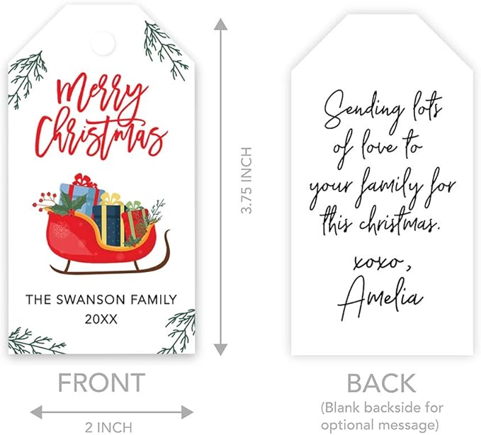 Andaz Press Personalized Christmas Holiday Season Classic Gift Tags, Merry Christmas with Sleigh Presents Design, Custom Family Name and Year, for Holiday Events, Parties, and Favors, 60-Pack