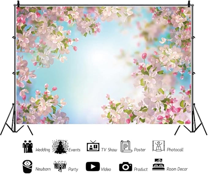 Renaiss 7x5ft Pink Floral Backdrop Romantic Cherry Blossom Blue Sky Sunshine Nature Scenery Polyester Photography Background for Wedding Kids Baby Birthday Party Decor Photo Props